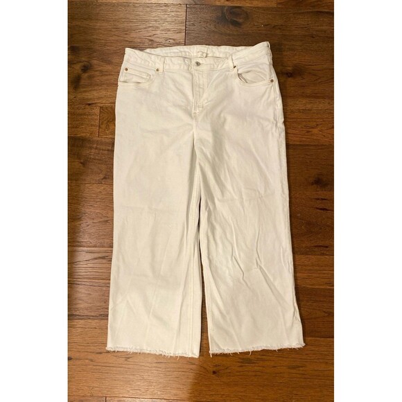 H&M Capri Cropped Pants Womens Sz 18 White Denim Fringed Wide Leg Casual Boho - Picture 2 of 12